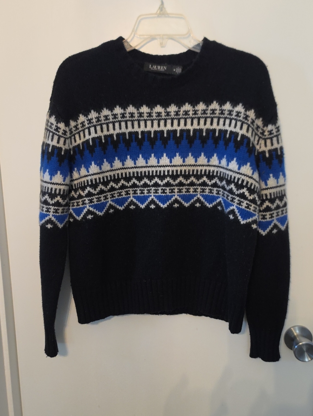Ralph Lauren Black Crewneck Sweater with Blue and White Fair Isle